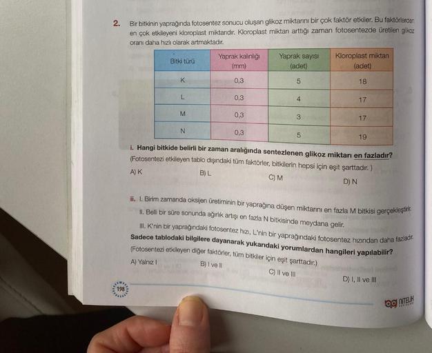 2.
Bir bitkinin yaprağında fotosentez sonucu oluşan glikoz miktarını bir çok faktör etkiler. Bu faktörlerden
en çok etkileyeni kloroplast miktarıdır. Kloroplast miktarı arttığı zaman fotosentezde üretilen glikoz
oranı daha hızlı olarak artmaktadır.
Bitki t