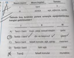 Teması
13.
k
1)
Nazım biçimi
Misra örgüsü
II
bent
III
dörtlük
aşk, eğlence, ayrılık
Tabloda boş bırakılan yerlere sırasıyla aşağıdakilerden
hangisi getirilmelidir?
1
II
A) Terci-i bent övgü, yergi, sosyal eleştiri
şarkı
B) Terkib-i bent
din ve tasavvuf ✓
gazel
C) Terci-i bent
felsefi konular, aşk, şarap
mesnevi
D) Terkib-i bent
ilahi aşk
rubai
Tuyuğ
felsefi konular
murabba