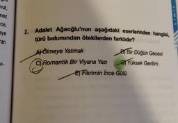 vut,
mez
Limit
ce,
eye
2. Adalet Ağaoğlu'nun aşağıdaki eserlerinden hangisi,
türü bakımından ötekilerden farklıdır?
-an
B) Bir Düğün Gecesi
DJ Yüksek Gerilim
e-
Al Ölmeye Yatmak
C) Romantik Bir Viyana Yazı
E) Fikrimin İnce Gülü