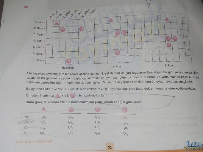 20.
4. Sütun
7. Sütun
6. Sütun
.1. Sütun
5. Sütun
1. Satır
2. Sütun
3. Sütun
2. Satır
3. Satır
4. Satır
5. Satır
6. Satır
7. Satır
2. Adım
1. Adım
Başlangıç
Efe karelere ayrılmış düz bir zemin üzerine geometrik şekillerden oluşan legolarını başlangıçtaki g