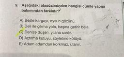 9. Aşağıdaki atasözlerinden hangisi cümle yapısı
bakımından farklıdır?
A) Besle kargayı, oysun gözünü.
B) Deli ile çıkma yola, başına getirir bela.
C) Denize düşen, yılana sarılır.
D) Açtırma kutuyu, söyletme kötüyü.
E) Adam adamdan korkmaz, utanır.
