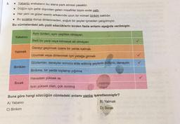 5.
• Yabanci arabalanın bu alana park etmesi yasaktır.
• Düğün için şehir dışından gelen misafirler bizim evde yattı.
. Her yeni ve güzel eserin arkasında uzun bir mimari birikim saklıdır.
• Bu sıcakta durup dinlenmeden, soğuk bir şeyler içmeden çalışılmıyor.
Bu cümlelerdeki altı çizili sözcüklerin birden fazla anlamı aşağıda verilmiştir.
Aynı türden, aynı çeşitten olmayan
Yabanci
Belli bir yere veya kimseye ait olmayan
Geceyi geçirmek üzere bir yerde kalmak
Yatmak
Uyumak veya dinlenmek için yatağa girmek
Gözlemler, deneyler sonucu elde edilmiş şeylerin bütünü, deneyim
Birikim
Birikme, bir yerde toplanıp yığılma
Havadaki yüksek isi
Sicak
ISISI yüksek olan, çok isinmiş
Sizeid
her
Buna göre hangi sözcüğün cümledeki anlamı yanlış işaretlenmiştir?
A) Yabanci
B) Yatmak
C) Birikim
D) Sıcak