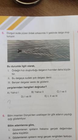 5. Durgun suda yüzen ördek arkasında V şeklinde dalga oluş
turuyor.
Bu durumla ilgili olarak,
1 Ordeğin hızı oluşturduğu dalganın hızından daha büyük-
tür.
II. Bu dalgaya sudaki şok dalgası denir.
III. Benzer dalgalar seste de gözlenir.
yargılarından hangileri doğrudur?
A) Yalnız!
B) Yalnız II
D) I ve III
C) I ve II
E) I, II ve III
1
6. Bilim insanları Dünya'dan uzaklaşan bir gök adanın yaydığı
işiği gözlemliyor.
Bilim adamlarına göre,
1. Gözlemlenen işıkların frekansı gerçek değerinden
daha küçüktür.
II. Gözlemlenen işıkların rengi gerçek renginden farklıdır.