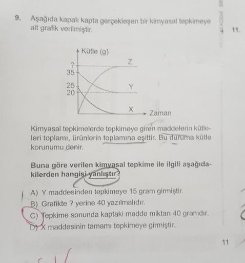 9.
Aşağıda kapalı kapta gerçekleşen bir kimyasal tepkimeye
ait grafik verilmiştir.
11.
Kütle (9)
z
35
Y
25
20
X
Zaman
Kimyasal tepkimelerde tepkimeye giren maddelerin kütle-
leri toplamı, ürünlerin toplamına eşittir. Bu duruma kütle
korunumu denir.
Buna gö