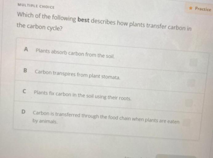 Which of the following best describes how plants transfer carbon in the carbon cycle?
A) Plants absorb carbon from the soil.
B) Carbon transpires from plant stomata.
C) Plants fix carbon in the soil using their roots.
D) Carbon is transferred through the food chain when plants are eaten by animals.