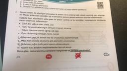 (GENEL
1. DU testte 20 soru vardır.
2. Sınav süresi 30 dakikadır.
3. 3 yanlış 1 doğruyu götürecektir.
4. Cevaplarınızı optikte kutucukların dışına taşırmadan ve kurşun kalemle işaretleyiniz.
OSCO
06D10C17
.
1. Gerçek anlam, bir sözcüğün akla gelen ilk anlamı ve bu anlama bağlı olarak kazandığı yeni anlamlar-
dir. Mecaz anlam ise sözcüğün ilgi ve benzetme sonucu gerçek anlamının dışında kullanılmasıdır.
Aşağıda bazı sözcüklerin akla gelen ilk anlamı verilmiş ve bu sözcükler, numaralanmış cümlelerde
mecaz anlamıyla kullanılmıştır:
• Zayıf: Eti, yağı az olan, siska, cılız
Ham: Yenecek kadar olgun olmayan (meyve), olmamış
• Yoğun: Hacmine oranla ağırlığı çok olan
Duru: Bulanıklığı olmayan, temiz, berrak
İyileşmesi zayıf bir ihtimal olsa da umudumuzu kaybetmemiştik.
Maça ham vücutla çıkarsanız çok geçmeden yorulursunuz.
HI. Akşamları yoğun trafik şehir insanını strese sokuyor.
IV. Yazarın duru anlatımı eleştirmenlerden tam not almıştı.
Buna göre, numaralanmış cümlelerin hangisinde bir yanlışlık yapılmıştır?
DN.
II.
ADI.