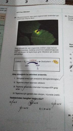 m
3
yabani he
pinde gel
AYT/Fen Bilimleri
Yaban
harda!
34. Biyoluminesans, bazı canli organizmalar tarafından işık
üretilmesi olayına denir.
35. Okarya
birimle
oluştu
abaha
Bun:
eşle
Ateş böceğinde, işik organında üretilen yağa benzer
lusiferin maddesi, lu