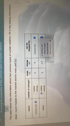 The table below lists information about two common types of nuclear radiation. Fill in the missing information. Note: round masses to the nearest atomic mass unit (u).
name matter or energy? mass(u) charge(e) can be stopped by
_______ energy 0 0 _____________
matter
alpha energy 4 +2 _____________