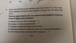 C) 3
A) 1
B) 2
3. Kuzey Yarım Küre'de ve aynı meridyen üzerinde yer alan A, B, C ve D nokta-
larının başlangıç meridyenine olan uzaklıkları sırasıyla 120, 200, 380 ve 500
km'dir.
Yukarıda verilen bilgilere göre, bu noktalarla ilgili aşağıdaki yargılardan
hangisine kesin olarak ulaşılabilir?
A) Ekvator'a en yakın olan D noktasıdır.
B) B noktası C noktasının güneyindedir. +
C) Başlangıç meridyeninin doğusunda yer alırlar.
D) Başlangıç meridyeni ile aralarında zaman farkı en az olan B noktasıdır.
E) Güney kutup noktasına en yakın olan A noktasıdır.
-54-
