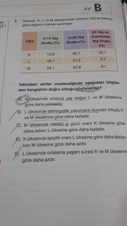 B
ain
7.
Tabloda K, L ve Mülkelerindeki nüfusun yaş gruplanna
göre dağılım oranları verilmiştir.
V?
0-14 Yaş
Grubu (%)
Ülke
65 Yaş ve
Üzerindeki
Yaş Grubu
(%)
15-64 Yaş
Grubu (%)
K
22,1
12,8
65,1
L
2,7
46,1
51,2
M
23,1
67,8
9,1
Tablodaki veriler incelendiğ