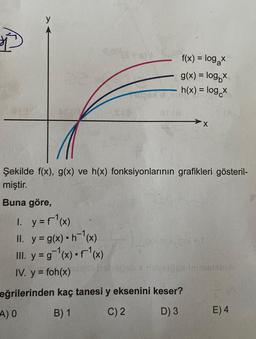 y
=
f(x) = logat
g(x) = logbx
h(x) = log x
=
Şekilde f(x), g(x) ve h(x) fonksiyonlarının grafikleri gösteril-
miştir.
Buna göre,
1. y=f(x)
II. y = g(x) •h-(x)
III. y = g='(x)•f'(x)
IV. y = foh(x)
eğrilerinden kaç tanesi y eksenini keser?
A) O
B) 1
C) 2
D) 3
E) 4