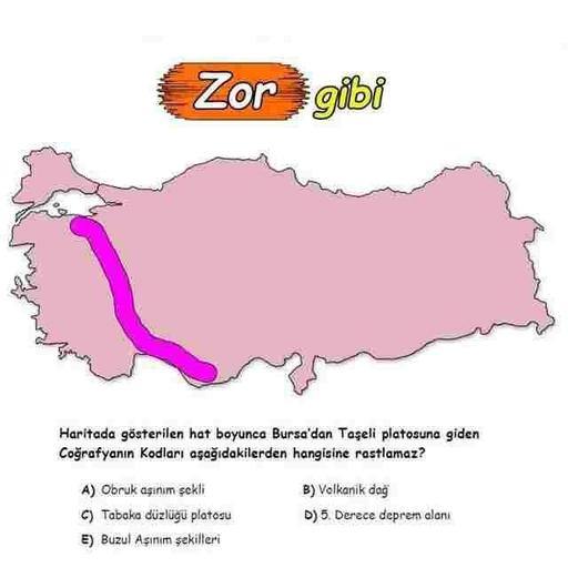 Zor gibi
Haritada gösterilen hat boyunca Bursa'dan Taşeli platosuna giden
Coğrafyanın Kodları aşağıdakilerden hangisine rastlamaz?
A) Obruk aşınım sekli
C) Tabaka düzlugu platosu
E) Buzul Asinım sekilleri
B) Velkanik dag
D) 5. Derece deprem alani
