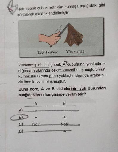 Nötr ebonit çubuk nötr yün kumaşa aşağıdaki gibi
sürtülerek elektriklendirilmiştir.
Ebonit çubuk
Yün kumaş
Yüklenmiş ebonit çubuk A 'çubuğuna yaklaştırıl-
dığında aralarında çekim kuvveti oluşmuştur. Yün
kumaş ise B çubuğuna yaklaştırıldığında araların-
da
