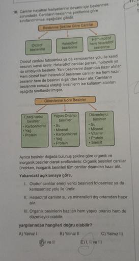 16. Canlılar hayatsal faaliyetlerinin devamı için beslenmek
zorundadır. Canlıların beslenme şekillerine göre
sınıflandırılması aşağıdaki gibidir.
Beslenme Şekline Göre Canlılar
Ototrof
beslenme
Heterotrof
beslenme
Hem ototrof
hem heterotrof
beslenme
Ototro