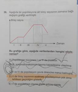 36. Aşağıda bir popülasyona ait birey sayısının zamana bağlı
değişim grafiği verilmiştir.
A Birey sayısı
1
1
1
.
1
1
1
1
1
f
1
1
1
1
1
1
1
1
f
1
Zaman
1
II
III
IV
V
Bu grafiğe göre, aşağıda verilenlerden hangisi söyle-
nemez?
A) Popülasyon büyümesi I velit de pozitifdir.
BUN, sonunda maksimum taşıma kapasitesine ulaşılmış-
tır.
chil ve IV de popülasyon çevre direncine maruz kalmıştıcd
D) V de birey sayısının azalması popülasyonun yok olma
tehlikesi geçirdiğini gösterir.
E) V de popülasyon dışına göçler artmış olabilir.
E.