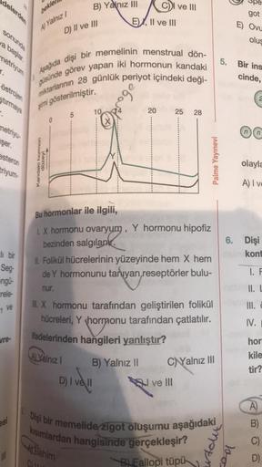 delerden
B) Yalnız III
C) I ve III
bekle
got
E), II ve III
A) Yalnız /
D) II ve III
sonunda
ya başlar.
E) Ovu
olus
metriyum
5.
r.
Aşağıda dişi bir memelinin menstrual dön-
miktarlarının 28 günlük periyot içindeki deği-
güsünde görev yapan iki hormonun kand