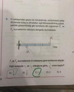8. O noktasından geçen bir mil etrafında, sürtünmesiz yatay
düzlemde kolayca dönebilen, eşit bölmelendirilmiş çubuk,
şekilde gösterildildiği gibi kendisine dik uygulanan 7, ve
F, kuvvetlerinin etkisiyle dengede durmaktadır.
Ē
Yatay
VE
F, ve F, kuvvetlerinin O noktasına göre torklarının büyük-
11
lüğü sırasıyla T, vet, olduğuna göre, oranı kaçtır?
A) A
B) 11
C) 1 D) 2 E) 4
T2
1
1
2
4
31