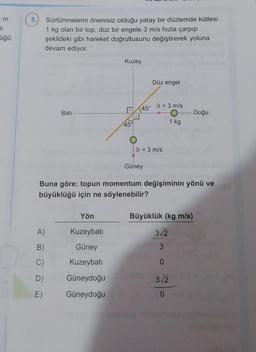 m
5.
Sürtünmelerin önemsiz olduğu yatay bir düzlemde kütlesi
1 kg olan bir top, düz bir engele 3 m/s hızla çarpıp
şekildeki gibi hareket doğrultusunu değiştirerek yoluna
devam ediyor.
üğü
Kuzey
Düz engel
9 = 3 m/s
45°
Bati
Doğu
45
1 kg
9 = 3 m/s
Güney
Buna göre; topun momentum değişiminin yönü ve
büyüklüğü için ne söylenebilir?
Yön
Büyüklük (kg m/s)
A)
Kuzeybati
312
B)
Güney
3
C)
Kuzeybati
0
D)
Güneydoğu
312
E)
Güneydoğu