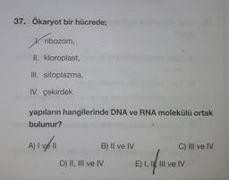 37. Ökaryot bir hücrede;
V. ribozom,
II. kloroplast,
III. sitoplazma,
IV. çekirdek
yapıların hangilerinde DNA ve RNA molekülü ortak
bulunur?
A) I ve II
)
B) Il ve IV
C) III ve IV
D) II, III ve IV
e inven
E) I, I, III ve IV