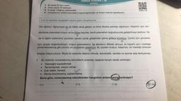 O
TURRÇE DENEN
(GENEL)
1. Bu testte 20 soru vardır.
2. Sınav süresi 30 dakikadır.
3. 3 yanlış 1 doğruyu götürecektir.
4. Cevaplarınızı optikte kutucukların dışına taşırmadan ve kurşun kalemle işaretleyiniz.
028B01DB
1 ve 2. soruları aşağıdaki metne göre cevaplayınız.
Her öğrenci, öğrenmeye aç bir hâlde okula geliyor ve önce okuma yazmayı öğreniyor. Hepsinin ayrı ayrı
I
alanlarda yetenekleri oluyor ve bu körpe beyinler, kendi yetenekleri doğrultusunda geliştirilmeyi bekliyor. Ne
II
var ki eğitim sistemimiz çocukları zaman içinde geliştirmek yerine gittikçe köreltiyor. Çünkü tüm çocukları
III
aynı grupta değerlendiriyor; onların yeteneklerini, ilgi alanlarını dikkate almıyor ve hepsini aynı mesleğe
yönlendirecekmiş gibi zorunlu bir programla yetiştiriyor. Bu yüzden mutsuz, başarısız, bir mesleği olmayan
IV
bireyler ortaya çıkıyor. Böyle bir sistemle ülkemiz bilimde, teknolojide, sanatta ve sporda asla ilerleyemez.
1.
.
Bu metinde numaralanmış sözcüklerin anlamları aşağıda karışık olarak verilmiştir:
• Yeteneğini kaybettirmek
Tamamlamak, mezun olmak
• Çok istekli, hevesli
Henüz bozulmamış, yıpranmamış
Buna göre, numaralanmış sözcüklerden hangisinin anlamı yanlış verilmiştir?
ADI.
B) II.
C) III.
TOV)