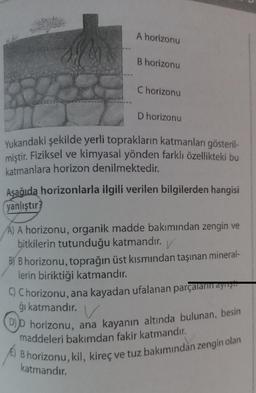 A horizonu
B horizonu
Chorizonu
D horizonu
Yukarıdaki şekilde yerli toprakların katmanları gösteril-
miştir
. Fiziksel ve kimyasal yönden farklı özellikteki bu
katmanlara horizon denilmektedir.
Asağıda horizonlarla ilgili verilen bilgilerden hangisi
yanlış
