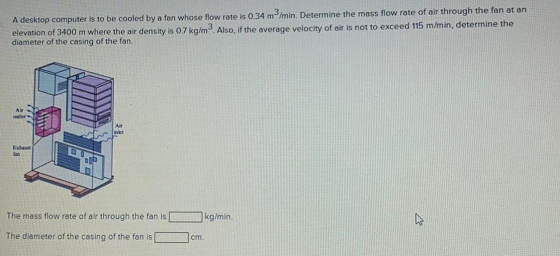 A desktop computer is to be cooled by a fan whose flow rate is 0.34 m³/min. Determine the mass flow rate of air through the fan at an elevation of 3400 m where the air density is 0.7 kg/m³. Also, if the average velocity of air is not to exceed 115 m/min, determine the diameter of the casing of the fan.