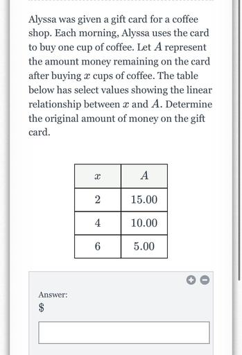 Alyssa was given a gift card for a coffee a shop. Each morning, Alyssa uses the card to buy one cup of coffee. Let A represent the amount money remaining on the card after buying x cups of coffee. The table
below has select values showing the linear relationship between x and A. Determine the original amount of money on the gift card.
X A
2 15.00
4 10.00
6 5.00