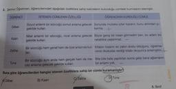 3. Şennur Öğretmen, öğrencilerinden aşağıdaki özelliklere sahip kelimelerin bulunduğu cümleler kurmalarını istemiştir.
ÖĞRENCİ
İSTENEN CÜMLENİN ÖZELLİĞİ
OĞRENCİNİN KURDUĞU CÜMLE
Dilber
Soyut anlamlı bir sözcüğü somut anlama gelecek Sonunda mutlaka iyiler kazanır, bunu aklından çi-
şekilde kullan.
karma.t
Kaan
Nitel anlamlı bir sözcüğü, nicel anlama gelecek Böyle geniş bir insan görmedim ben, bu adam bu
şekilde kullan.
rahatlıkla yaşlanmaz.
Zeliha
Bir sözcüğü hem genel hem de özel anlamda kul- Kitabın insanın en yakın dostu olduğunu, öğretme-
lan.
nimin ilkokulda verdiği kitabı okuyunca anlamıştım +
Tuna
Bir sözcüğü aynı anda hem gerçek hem de me- Bile bile hata yaptıktan sonra gelip bana ağlamanın
caz anlama gelecek şekilde kullan.
bir anlamı yok.
Buna göre öğrencilerden hangisi istenen özelliklere sahip bir cümle kuramamıştır?
ONITE 1
cy
CYZeliha
D) Tuna
A) Dilber
B) Kaan
8. Sınıf