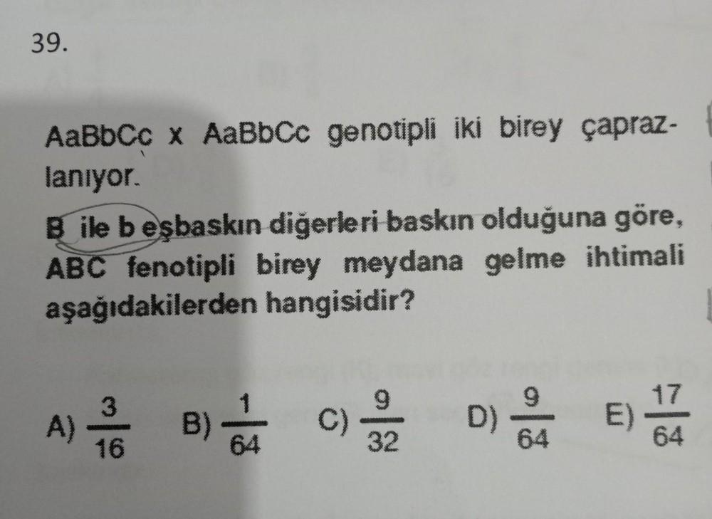 39. AaBbCc x AaBbcc genotipli iki birey capraz- lan... - Biyoloji
