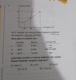 4.
$
Basınç (atm)
73
5
Sıcaklık (°C)
-78
-56
31
Bir X maddesi için basınç-sıcaklık değişimini gösteren
faz diyagramı yukarıda verilmiştir.
Buna göre X maddesi için;
Sıcaklık
Basing
Fiziksel hal
1.
-58°C
6 atm
SIVI
II.
-56°C
5 atm
kati-sivi-gaz
III.
kati
-80°C
15 atm
yukarıdaki sıcaklık ve basınç değerleri için verilen
fiziksel hâllerden hangileri doğrudur?
B) I ve II
A) Yalnız II
D) II ve III
C) I ve III
E) I, II ve III
YAYIN DENİZİ
