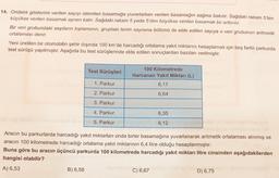 14. Ondalık gösterimi verilen sayıyı istenilen basamağa yuvarlarken verilen basamağın sağına bakılır. Sağdaki rakam 5'ten
küçükse verilen basamak aynen kalır. Sağdaki rakam 5 yada 5'den büyükse verilen basamak bir arttırılır.
Bir veri grubundaki sayıların toplamının, gruptaki terim sayısına bölümü ile elde edilen sayıya o veri grubunun aritmetik
ortalaması denir.
Yeni üretilen bir otomobilin şehir dışında 100 km'de harcadığı ortalama yakıt miktarını hesaplamak için beş farklı parkurda
test sürüşü yapılmıştır. Aşağıda bu test sürüşlerinde elde edilen sonuçlardan bazıları verilmiştir.
Test Sürüşleri
100 Kilometrede
Harcanan Yakıt Miktarı (L)
1. Parkur
6,17
2. Parkur
6,64
3. Parkur
4. Parkur
6,35
5. Parkur
6,12
Aracın bu parkurlarda harcadığı yakıt miktarları onda birler basamağına yuvarlanarak aritmetik ortalaması alınmış ve
aracın 100 kilometrede harcadığı ortalama yakıt miktarının 6,4 litre olduğu hesaplanmıştır.
Buna göre bu aracın üçüncü parkurda 100 kilometrede harcadığı yakıt miktarı litre cinsinden aşağıdakilerden
hangisi olabilir?
A) 6,53
B) 6,58
C) 6,67
D) 6,75
