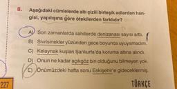 8.
Aşağıdaki cümlelerde altı çizili birleşik adlardan han-
gisi, yapılışına göre ötekilerden farklıdır?
I
A Son zamanlarda sahillerde denizanası sayısı arttı.
B) Sivrisinekler yüzünden gece boyunca uyuyamadım.
C) Kelaynak kuşları Şanlıurfa'da koruma altına alındı.
D) Onun ne kadar açıkgöz biri olduğunu bilmeyen yok.
E) Önümüzdeki hafta sonu Eskişehir'e gideceklermiş.
227
TÜRKÇE