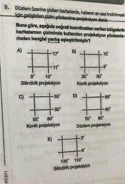 9.
Düzlem üzerine çizilen haritalarda, hatanın en aza indirilmesi
icin geliştirilen çizim yöntemine projeksiyon denit
Buna göre, aşağıda coğrafi koordinatları verilen bölgelerin
haritalarının çiziminde kullanılan projeksiyon yöntemler
rinden hangisi yanlış eşleştirilmiştir?
A)
17
B)
15"
#
11
8°
20*
30
gº 10"
Silindirik projeksiyon
Konik projeksiyon
C)
55*
D)
86°
H
50*
80
55
60
Konik projeksiyon
70 80
Düzlem projeksiyon
E)
2
#
6
120* 119"
Silindirik projeksiyon
pları