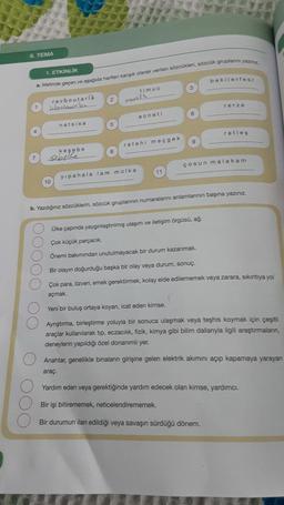 8. TEMA
1. ETKİNLİK
a. Metinde geçen ve aşağıda harfleri kanşık olarak verilen sözcükleri, sözcük gruplarını yazan
bekilerfest
3
timu
musi
ravboutarla
Labrathan con
rerze
6
ecneti
natsisa
ratles
9
ratehi meç gek
8
7
çosun malakam
11
yipahala lam molka
10
b. Yazdığınız sözcüklerin, sözcük gruplarının numaralarını anlamlannin başına yazınız.
Ülke çapında yaygınlaştırılmış ulaşım ve iletişim örgüsü, ağ.
Çok küçük parçacık.
Önemi bakımından unutulmayacak bir durum kazanmak.
Bir olayın doğurduğu başka bir olay veya durum, sonuç.
Çok para, özveri, emek gerektirmek, kolay elde edilememek veya zarara, sıkıntıya yol
açmak.
Yeni bir buluş ortaya koyan, icat eden kimse.
Ayrıştırma, birleştirme yoluyla bir sonuca ulaşmak veya teşhis koymak için çeşitli
araçlar kullanılarak tip, eczacılık, fizik, kimya gibi bilim dallarıyla ilgili araştırmaların,
deneylerin yapıldığı özel donanımlı yer.
Anahtar, genellikle binaların girişine gelen elektrik akımını açıp kapamaya yarayan
araç.
Yardım eden veya gerektiğinde yardım edecek olan kimse, yardimci.
Bir işi bitirememek, neticelendirememek.
Bir durumun ilan edildiği veya savaşın sürdüğü dönem.