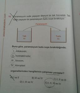 16. Paramesyum suda yaşayan ökaryot bir tek hücrelidir. Tatli
suda yaşayan bir paramesyum tuzlu suya bırakılıyor.
www.krakademi.com
Paramesyum
Tatli
su
Tuzlu
su
Buna göre, paramesyum tuzlu suya bırakıldığında;
I. mitokondri,
II. kontraktil koful,
III. lizozom,
IV. kloroplast
organellerinden hangilerinin çalışması yavaşlar?
Axivel
NI ve II
B) III ve IV
D) I, III ve IV
C) 1, Il ve III
E) I, II, III ve IV
