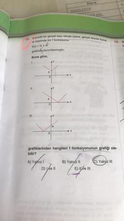 Ders
İNGİLİZCE
CI DÍL
a pozitif bir gerçel sayı olmak üzere, gerçel sayılar küme-
13.
15.
B
f(x) = Ix + al
y
si üzerinde bir f fonksiyonu
at
şeklinde tanımlanmıştır.
Buna göre,
1.
AY
a
X
0
II.
a
X
0
III.
AY
a
→X
O
grafiklerinden hangileri f fonksiyonunun grafiği ola-
bilir?
Arghai
C) Yalnız III
A) Yalnız!
D) Ive II
B) Yalnız II
E) KXE III
bylou
(
