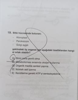 19. Bitki hücreslinde bulunan;
Kloroplast
Peroksizom
Golgi aygıtı
şeklindeki üç organel için aşağıdaki özelliklerden hangi-
si ortak olabilir?
A) Birim zarla çevrili olma
B) Metabolizması sırasında oksijen kullanma
A Organik madde sentezi yapma
D) Nükleik asit içerme
E) Kendilerine gerekli ATP'yi sentezleyebilme
