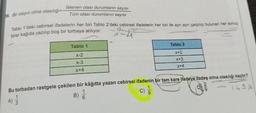 istenen olası durumların sayısı
Tüm olası durumların sayısı
36. Bir olayın olma olasılığı=-
Tablo 1'deki cebirsel ifadelerin her biri Tablo 2’deki cebirsel ifadelerin her biri ile ayrı ayrı çarpılıp bulunan her sonuç
birer kağıda yazılıp boş bir torbaya atılıyor.
Tablo 1
Tablo 2
X-2
X+2
X+3
X+4
X-3
X+4
-
Bu torbadan rastgele çekilen bir kâğıtta yazan cebirsel ifadenin bir tam kare ifadeye özdeş olma olasılığı kaçtır?
1
) C)
149.16
9
1
B)
6
A) 3
11
3
on
