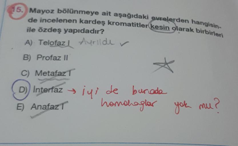 15. Mayoz bölünmeye ait aşağıdaki evrelerden hangisin-
de incelenen kardeş kromatitler kesin olarak birbirleri
ile özdeş yapıdadır?
A) Telofaz! Ayrilder
B) Profaz II
C) Metafaz
D) Interfaz >
iyi de burada
E) Anafaz
handhagiar you
you mu
mu?