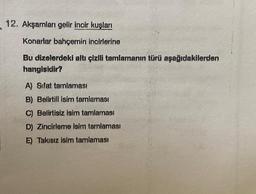 12. Akşamları gelir incir kuşları
Konarlar bahçemin incirlerine
Bu dizelerdeki altı çizili tamlamanın türü aşağıdakilerden
hangisidir?
A) Sifat tamlaması
B) Belirtill isim tamlaması
C) Belirtisiz isim tamlaması
D) Zincirleme isim tamlaması
E) Takısız isim tarnlaması
