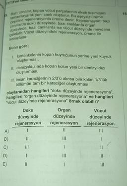 TYT/Fen
16
15. Bazı canlılar, kopan vücut parçalarının eksik kısımlarını
tamamlayarak yeni canlı oluşturur. Bu eşeysiz üreme
çeşidine rejenerasyonla üreme denir. Rejenerasyon; bazı
canlılarda doku düzeyinde, bazı canlılarda organ
düzeyinde, bazı canlılarda ise vücut düzeyinde meydana
gelebilir. Vücut düzeyindeki rejenerasyon, üreme ile
sonuçlanır.
Buna göre,
1. kertenkelenin kopan kuyruğunun yerine yeni kuyruk
oluşturması,
II. denizyıldızında kopan kolun yeni bir denizyıldızı
oluşturması,
III. insan karaciğerinin 2/3'ü alınsa bile kalan 1/3'lük
bölümün tam bir karaciğer oluşturması
olaylarından hangileri "doku düzeyinde rejenerasyona”,
hangileri “organ düzeyinde rejenerasyona” ve hangileri
"vücut düzeyinde rejenerasyona" örnek olabilir?
Doku
Organ
Vücut
düzeyinde
düzeyinde düzeyinde
rejenerasyon
rejenerasyon rejenerasyon
A)
II
B)
11
III
C) III
1
) D)
1
III
II.
E)
II
.
III
