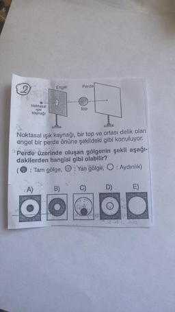 Engel
Perde
0
Noktasal
işik
kaynağı
top
Noktasal ışık kaynağı, bir top ve ortası delik olan
engel bir perde önüne şekildeki gibi konuluyor.
Perde üzerinde oluşan gölgenin şekli aşağı-
dakilerden hangisi gibi olabilir?
: Tam gölge, O Yari gölge, O: Aydınlık)
A)
B)
C)
D).
E)