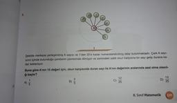 8.
25
24
A
Şekilde merkeze yerleştirilmiş A sayısı ve 1'den 25'e kadar numaralandırılmış oklar bulunmaktadır. Çark A sayı-
sinin içinde bulunduğu çemberin çevresinde dönüyor ve zemindeki sabit okun karşısına bir sayı gelip durana ka-
dar bekleniyor.
Buna göre A'nın 15 değeri için, okun karşısında duran sayı ile A'nın değerinin aralarında asal olma olasılı-
ğı kaçtır?
2
5
C)
12
25
1
5
D)
13
25
B)
A)
D
8. Sınıf Matematik
109
