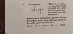 5.
11aba 112
Kalesim ye yakų g
olan bir cisim şekilde
görûldago gibl jukan
yönlü düzgün bir elekt-
riksel alan içinde bu-
lunmaktadır.:
Cismin ağırlığı 10 N yelpteki gerilme kuvvető
N olduğuna göre; čistné etkleden elektriksel
kuwet hangi yönde, kaç Ndur?
A): 4 B) 4: C) 18 :D) $16 E) 316
