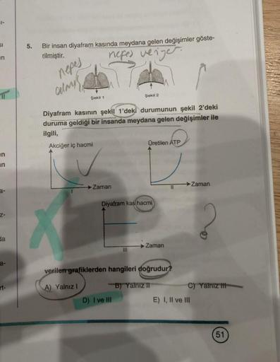 1-
SI
5.
Bir insan diyafram kasında meydana gelen değişimler göste-
rilmiştir.
in
neres verger
nepes
almes
Şekil 1
Şekil 2
Diyafram kasinin şekil 1'deki durumunun şekil 2'deki
duruma geldiği bir insanda meydana gelen değişimler ile
ilgili,
Akciğer iç hacmi