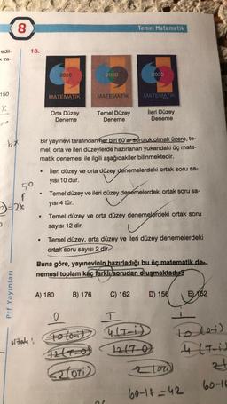 8
Temel Matematik
edil-
18.
x za-
2020
2020
2020
150
MATEMATIK
MATEMATIK
MATEMATIK
x
Orta Düzey
Deneme
Temel Düzey
Deneme
İleri Düzey
Deneme
bx
Bir yayınevi tarafından her biri 60'ar soruluk olmak üzere, te-
mel, orta ve ileri düzeylerde hazırlanan yukarıdaki üç mate-
matik denemesi ile ilgili aşağıdakiler bilinmektedir.
ileri düzey ve orta düzey denemelerdeki ortak soru sa-
.
yısı 10 dur.
50
Temel düzey ve ileri düzey denemelerdeki ortak soru sa-
f
D-24
yisi 4 tür.
Temel düzey ve orta düzey denemelerdeki ortak soru
sayısı 12 dir.
Temel düzey, orta düzey ve ileri düzey denemelerdeki
ortak soru sayısı 2 dir.
Buna göre, yayınevinin hazırladığı bu üç matematik de.
nemesi toplam kaç farkli sorudan oluşmaktadır?
Prf Yayınları
A) 180
B) 176
C) 162
D) 156
E)
162
0
T
ortalas Toloid TiD
toloid
27-0)
E2lori)
loo
ulti)
zt
60-16
60-18=42
