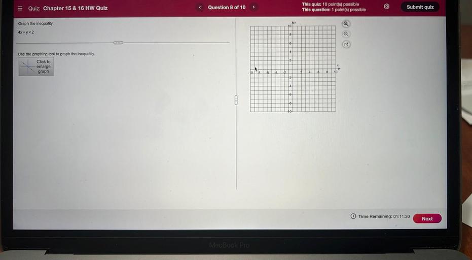 Graph the inequality.
4x + y<2
Use the graphing tool to graph the inequality.