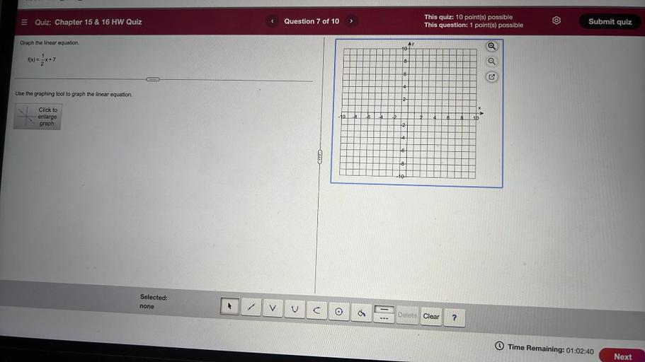 Graph the linear equation.
f(x) = 1/2x+7
Use the graphing tool to graph the linear equation.