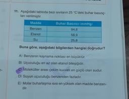 11. Aşağıdaki tabloda bazı sıvıların 25 °C'deki buhar basınç-
ları verilmiştir.
Madde
Buhar Basıncı (mmHg)
Benzen
94,6
Etanol
58,9
25,8
Su
Buna göre, aşağıdaki bilgilerden hangisi doğrudur?
A) Benzenin kaynama noktası en büyüktür.
B) Uçuculuğu en az olan etanol bileşiğidir.
C) Moleküller arası çekim kuvveti en güçlü olan sudur.
7-
D) Suyun uçuculuğu benzenden fazladır.
E) Molar buharlaşma isisi en yüksek olan madde benzen-
dir.