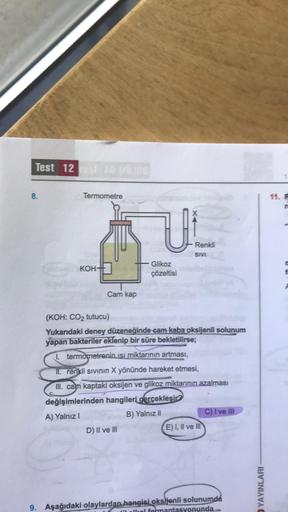 Test 12
8.
Termometre
11.
Renkli
SIVE
KOH
Glikoz
çözeltisi
Cam kap
(KOH: CO2 tutucu)
Yukarıdaki deney düzeneğinde cam kaba oksijenli solunum
yapan bakteriler eklenip bir süre bekletilirse;
1. termometrenin.jsi miktarının artması,
II. renkli sivinin X yönün